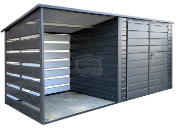 Schowek - domek ogrodowy 2,5x2 m + wiata 2x2m - brama dwuskrzydłowa - sosna norweska - drewnopodobny - antracyt - dach spad w tył GP728